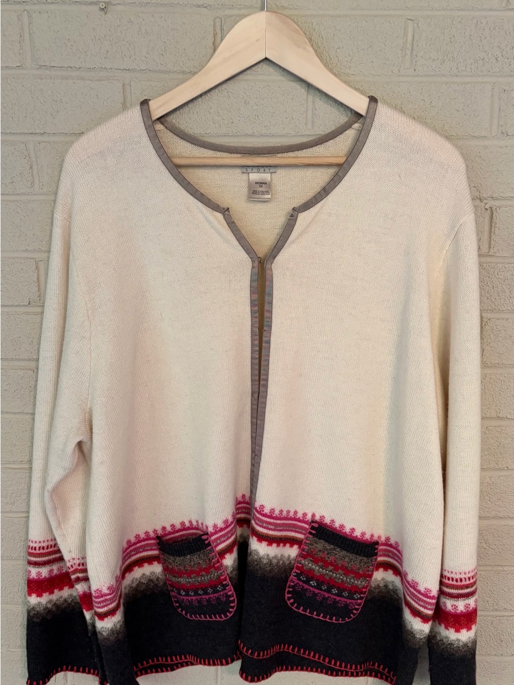 Sigrid Women’s 2X Boho 100% Wool Fair Isle Knit Cardigan Sweater – Multicolor